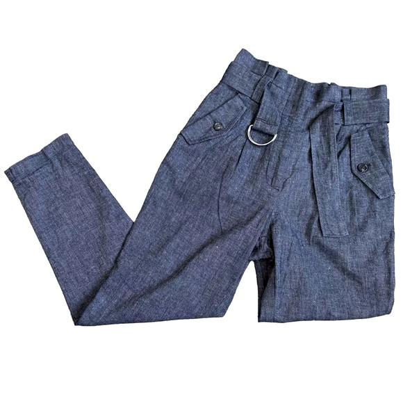 A.L.C. Pant High Waist Belt 0/2 Indigo Blue Chambray Italian Linen Tapered Ankle - Picture 4 of 15